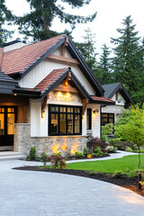 an exquisite craftsman-style home in British Columbia, Canada, with stone accents and wooden beams on the roof. The house has large windows showcasing black trim and is surrounded by lush greenery.