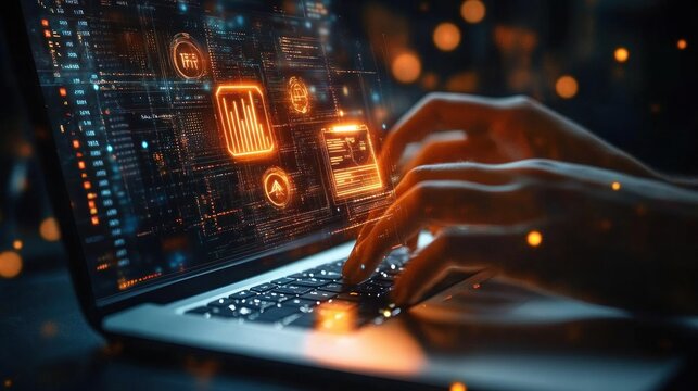 Digital Marketing Strategy Holographic Interface Online Businessman Laptop Success Cyberpunk Aesthetic Innovation Technology Concept