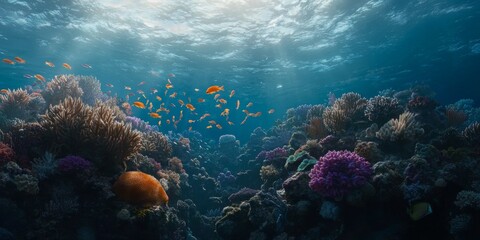 Naklejka premium Vibrant Coral Reef Ecosystem with Schooling Fish and Sunlight