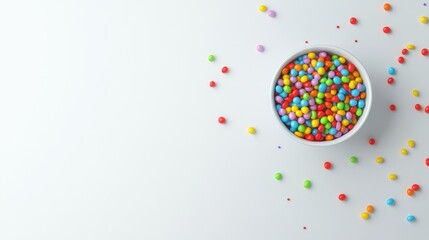 Colorful Candy Sprinkles in a Bowl on a Light Background with Randomly Scattered Sweets for Party Decorations and Dessert Inspiration