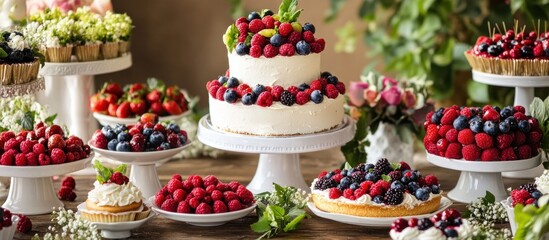 Sweet Table with a Two-Tiered Cake Decorated with Berries