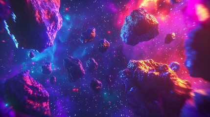 Fototapeta premium Vibrant asteroids float in a cosmic nebula, glowing with purple, pink, and orange hues.