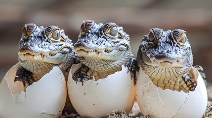 Three Baby Alligators Hatching from Eggs