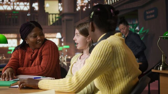 African american private tutor offering support to diverse schoolgirls, guiding them through a lesson plan at a library desk. Teacher providing learning materials, mentoring scholars. Camera A.