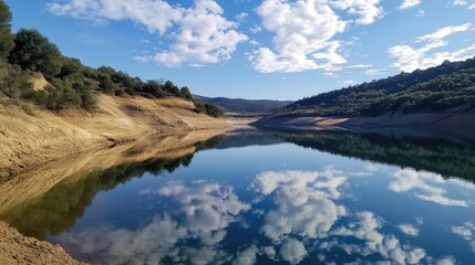 Fototapeta premium Tranquil Lake Landscape with Blue Sky and Reflected Clouds Surrounded by Rolling Hills and Green Vegetation in a Serene Natural Environment