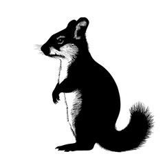 Black and white illustration of a squirrel.