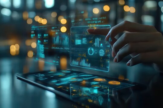 Quality Control and Cost Management in a Futuristic Office Environment with Holographic Technology Enhancing Business Efficiency