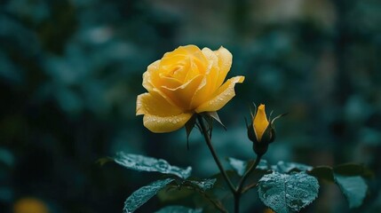 Vibrant Yellow Rose Blooming in Garden with Dew Drops Against a Soft Green Background, Capturing the Beauty of Nature and Freshness