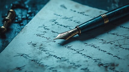 Fototapeta premium An old handwritten letter in fountain pen. Copperplate, Spencerian, a handwritten English cursive typeface, and a vintage nib pen. backdrop of ancient history. vintage fashion.