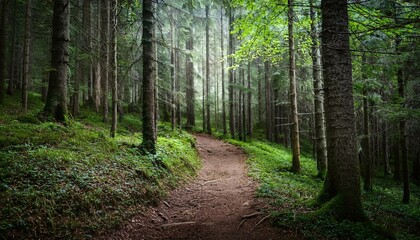 Fototapeta premium Sunlit forest trail with dense trees and soft sunlight filtering through creating an atmospheric nature scene 