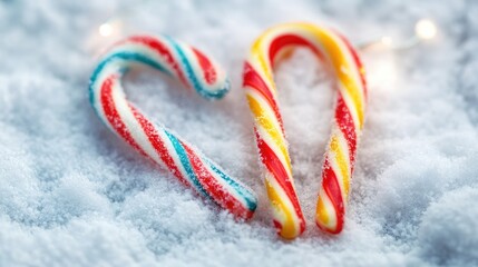 Colorful Candy Canes on Snowy Background with Twinkling Lights, Perfect for Holiday and Winter Seasonal Celebrations and Festive Imagery