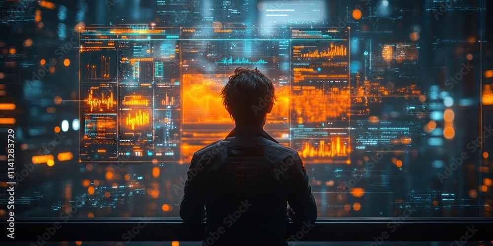 Aufkleber businessman analyzing financial growth data in futuristic digital environment with graph charts and 
