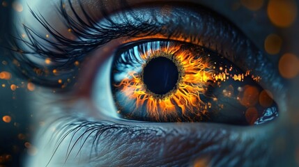 Hyper-realistic close-up of fiery orange iris surrealism digital eye macro vision futuristic technology beauty