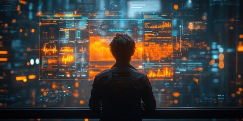 Businessman Analyzing Financial Growth Data in Futuristic Digital Environment with Graph Charts and Market Strategies
