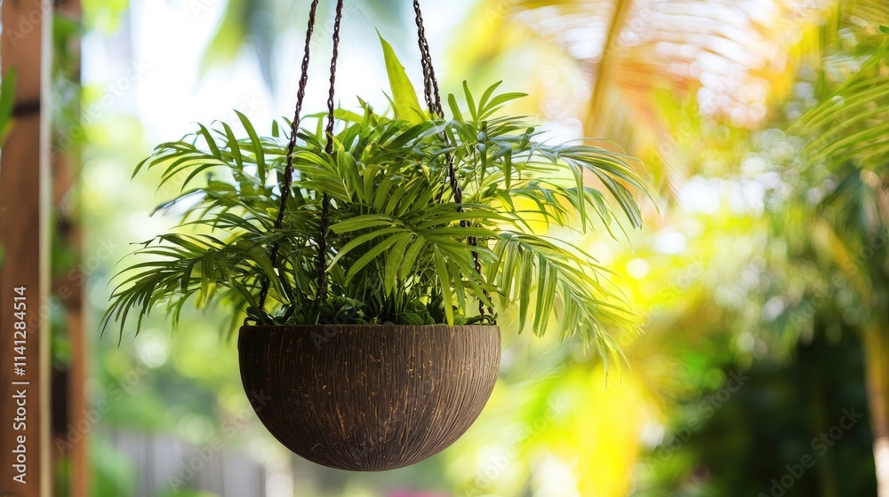 Wall mural Cozy Hanging Planter with Lush Greenery against a Bright Tropical Background, Perfect for Enhancing Indoor and Outdoor Spaces with Natural Beauty