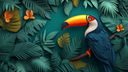 A 3D toucan perched on a flat 2D hand-drawn jungle vine