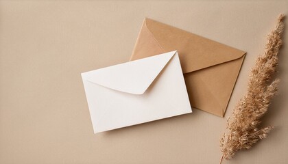 Neutral beige background with an envelope and a delicate dry floral branch  
