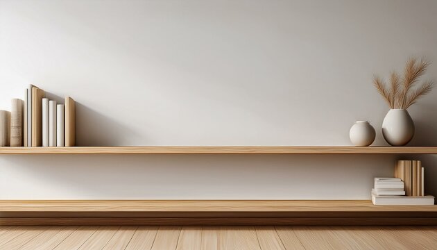 Empty wooden bookshelf in a minimalist virtual background with white walls
