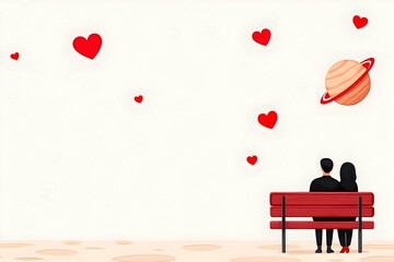 Stargazing Valentine’s Day Celebration Romantic Bench Illustration Evening Couple's Love