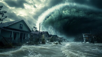 Immense storm surge inundates coastal houses.