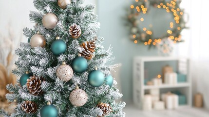 Snow Covered Christmas Tree Decorated With Ornaments