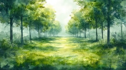 Obraz premium Watercolor Landscape with Green Hues Light Diffusion Impressionist Dreamy Effect