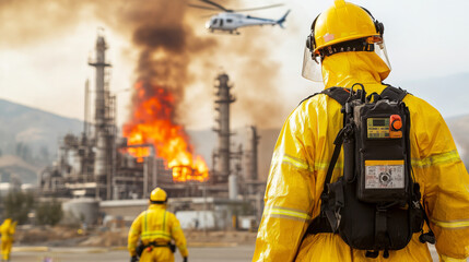 Emergency response teams hazmat suits are tackling large industrial fire. scene shows firefighters protective gear, with flames and smoke billowing from facility, while helicopter hovers above