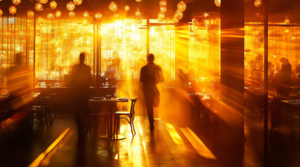 Ethereal view of busy restaurant with warm golden light illuminating space, creating vibrant atmosphere. silhouettes of people enhance lively ambiance