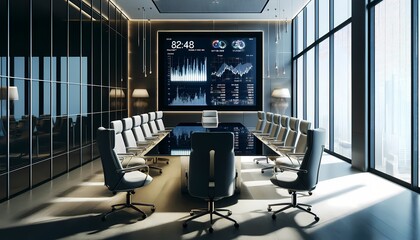 Naklejka premium A corporate meeting room with a glass table and a digital screen showing financial results