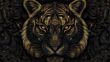 A stunning golden tiger portrait featuring intricate patterns and bold colors, highlighting its fierce beauty.