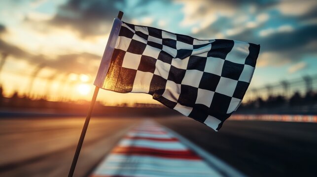 Checkered Flag at Sunset on Racing Track - Victory Moment
