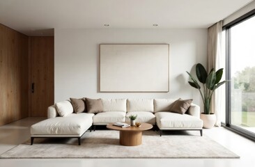Contemporary living room with low profile sectional, minimalist coffee table and fine art. Scandinavian style