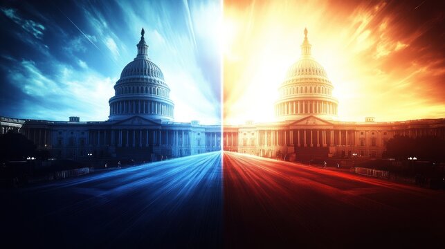 Capitol building split by opposing forces, symbolizing political division.