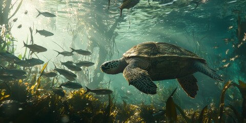 Fototapeta premium Sea Turtle Swimming with Fish in Reef