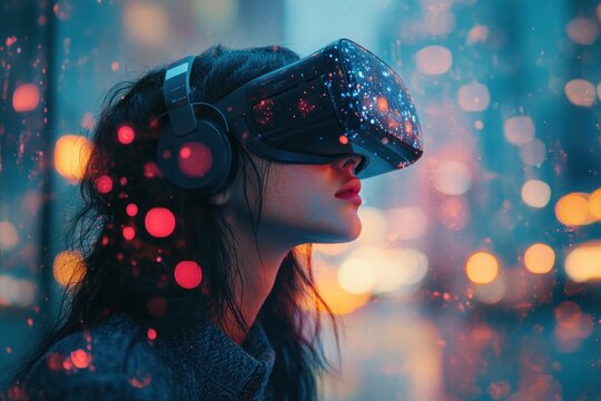 Businesswoman using VR headset in futuristic city with bokeh lights and vibrant colors