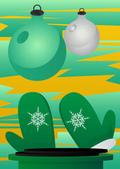 Mockup product display with Mitten Glove and Christmas decoration ball. Vector cylinder pedestal podium. Stage showcase for presentation. Minimal geometric forms.
