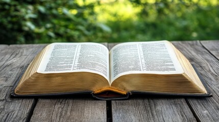 Aged Open Book on Wooden Table, Outdoor Setting