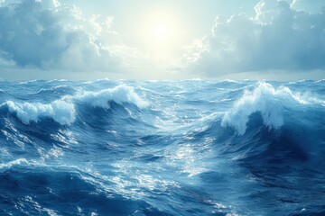 Fototapeta premium Tranquil Ocean Scene Vibrant Watercolor with Sunlight Reflecting on Blue Waves