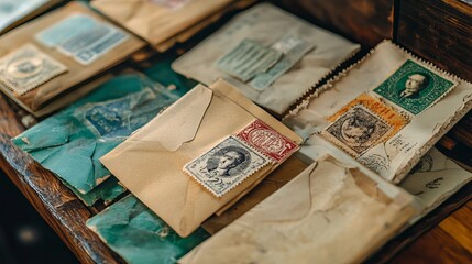 August 1, 2023, Sibiu, Romania. old, stamp-containing envelopes.