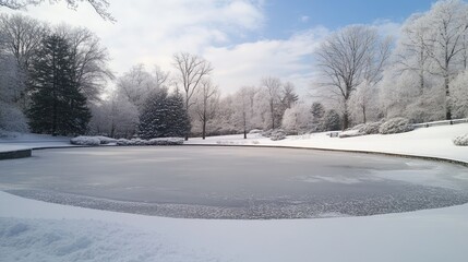 Fototapeta premium Serene Winter Scene with Frozen Pond Surrounded by Snow-Covered Trees and Clear Blue Sky, Evoking a Tranquil, Picturesque Landscape in a Winter Wonderland