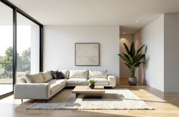 Fototapeta premium Contemporary living room with low profile sectional, minimalist coffee table and fine art. Scandinavian style