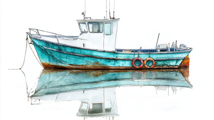 Naklejka premium A charming fishing boat painted in teal and soft lavender tones, featuring intricate wooden textures and lifebuoy accents. The image highlights smooth reflections on clear water, isolated perfectly ag