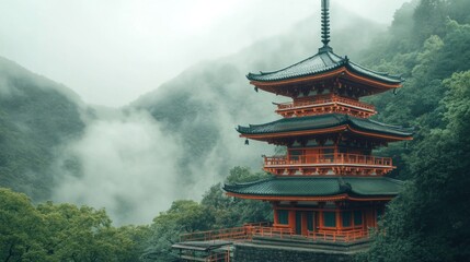 Misty mountain pagoda, serene Asian architecture in lush greenery.