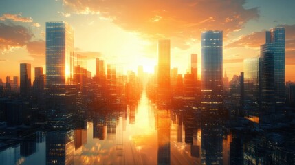 Fototapeta premium Futuristic Skyscrapers at Sunrise in Smart City Financial District with Reflections and Warm Light
