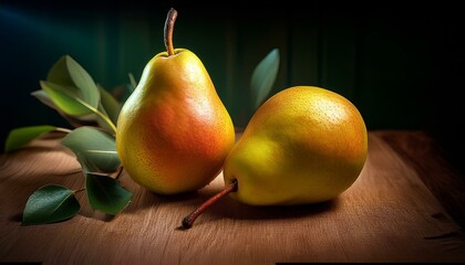 Still life with two pears on a wooden table under soft light  
