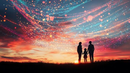 Fototapeta premium Silhouette of family against vibrant sunset and magical light trails.