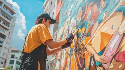 Person painting a vibrant mural on a building.