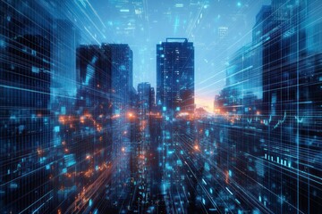 Futuristic Cityscape with Skyscrapers and Financial Data Graphs Overlay in Cyberpunk Style