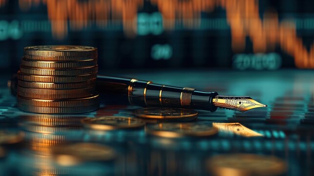 Gold Coins and Fountain Pen Still Life with Financial Graphs and Warm Reflections