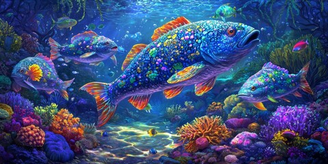 Naklejka premium Vibrant Coral Reef Colorful Fish Underwater Scene